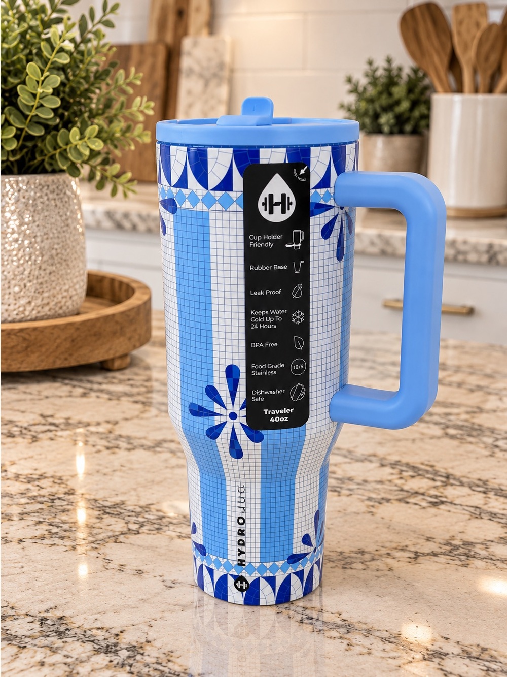 HydroJug Anthropologie CAPRI 40oz Traveler Tumbler Blue White NWT